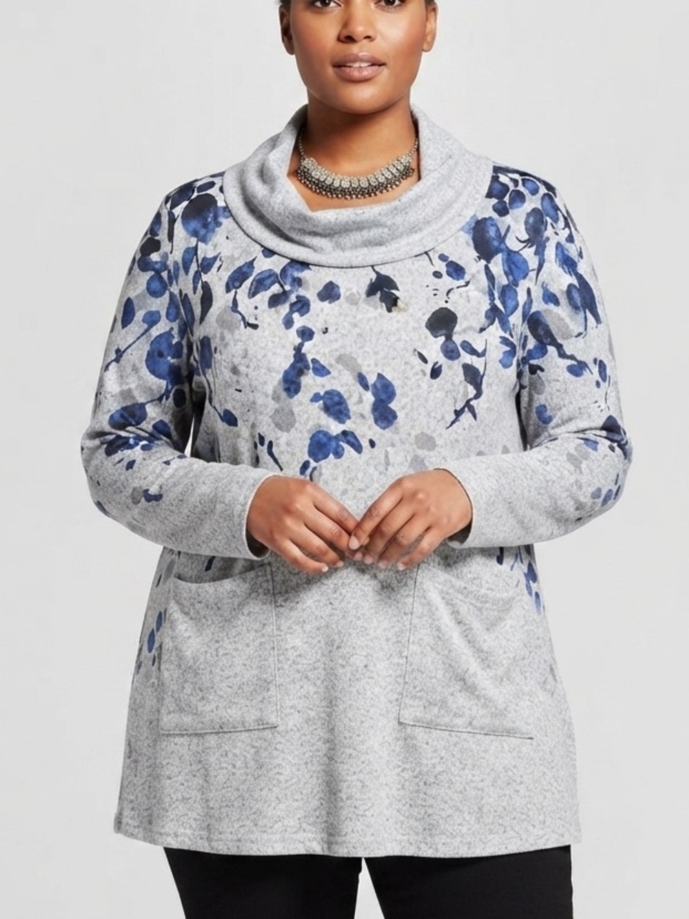 CLASSIC EDITIONS Gray Cowl Neck Sweater with Navy Floral Print SIZE XXL
